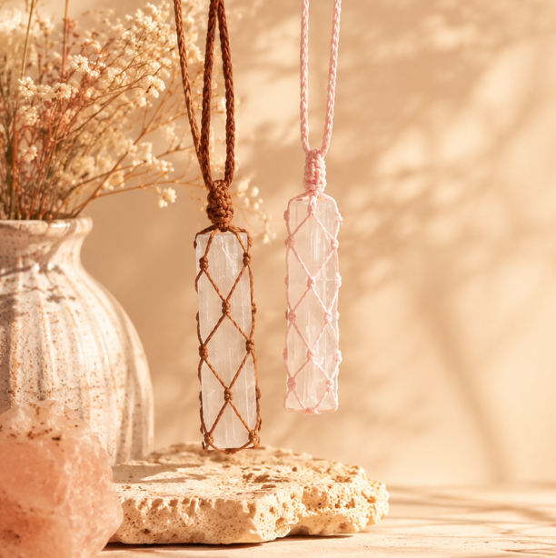 Colgante de selenita echo a mano con macramé.