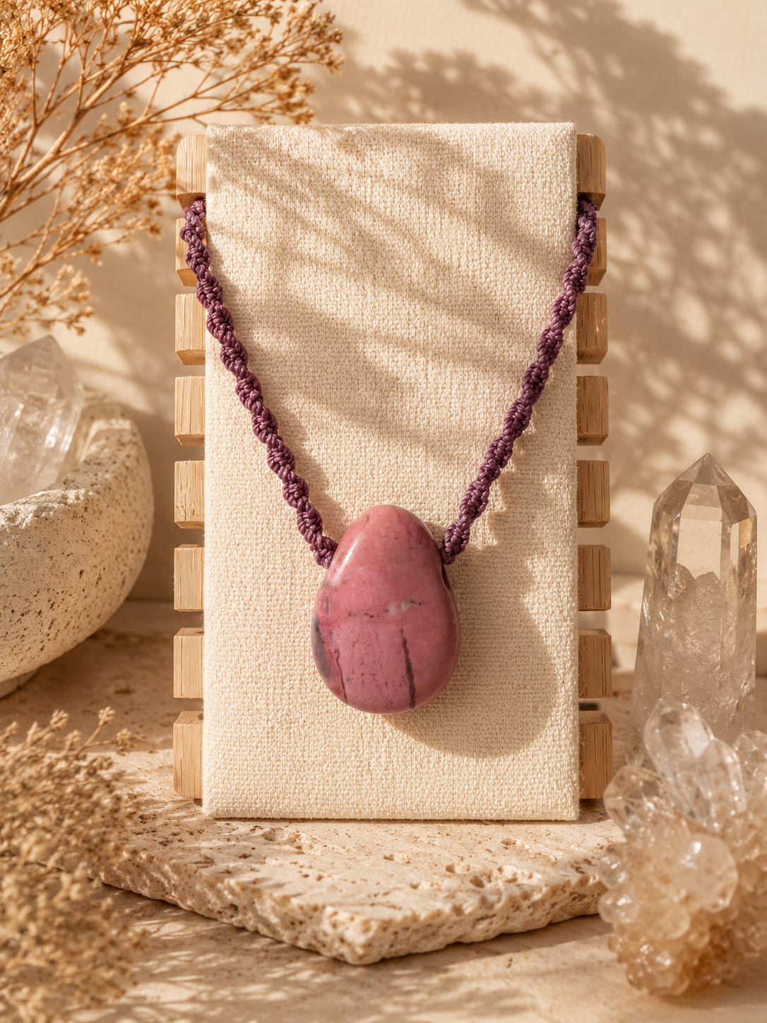 Rhodonite teardrop pendant. Handmade with macrame.