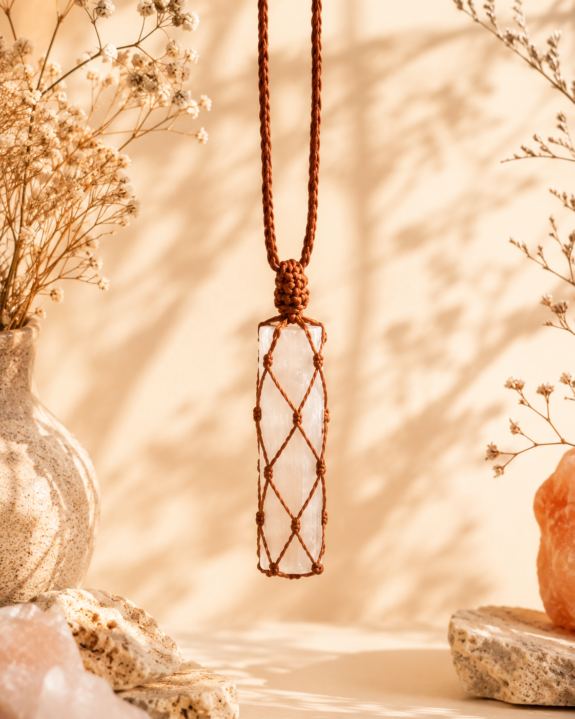 Colgante de selenita echo a mano con macramé.