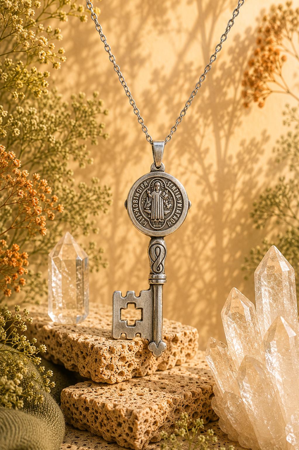 Colgante llave de San Benito en acero color plata 5cm